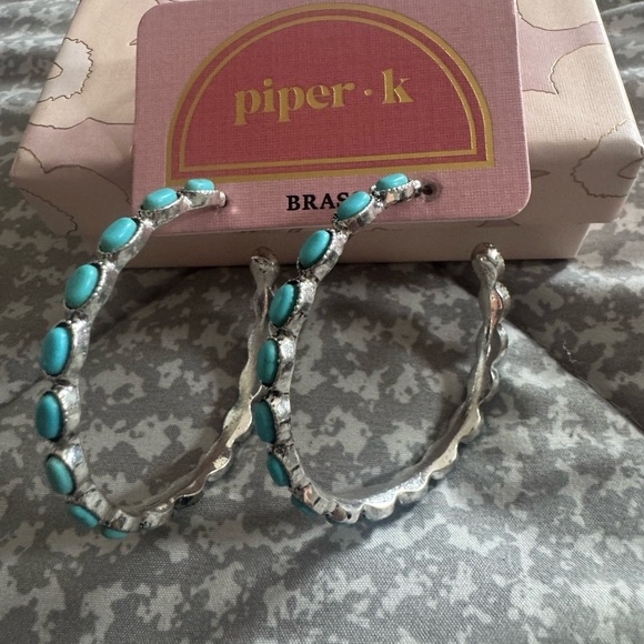 Piper K Brass and Turquoise Dangle Hoops/Earrings - Picture 2 of 6